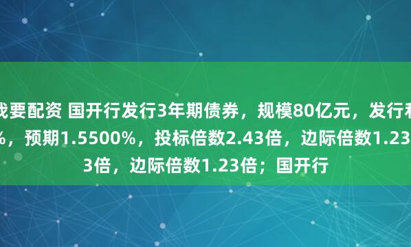我要配资 国开行发行3年期债券，规模80亿元，发行利率1.5968%，预期1.5500%，投标倍数2.43倍，边际倍数1.23倍；国开行